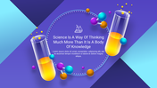 Science themed background in purple with two test tubes, colorful molecules, and a quote inside the circle.