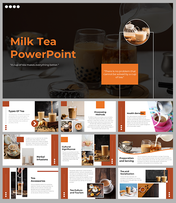 Slide deck with images of milk tea, types, processing methods, and health benefits on a dark and warm color scheme.