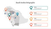 Map of Saudi Arabia with location markers and flight paths, with four labeled location box on the right.