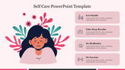 A self care slide featuring a woman surrounded by leaves and flowers with many tips, and icons on a pink backdrop.