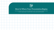 A teal banner on a grid style notebook paper background slide with a title section and placeholder text.