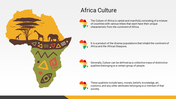 Slide featuring an illustration of the African continent with cultural symbols and animals, accompanied by text description.