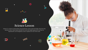 Split layout with a wavy black section showing science icons and a child using a microscope with lab glassware on the right.