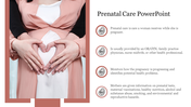 PowerPoint slide on prenatal care, featuring a pregnant woman with hands on her belly and key information beside.