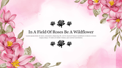 An elegant flower-themed background slide with pink blossoms and a motivational quote in the center with icons.