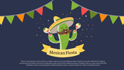 Fiesta-themed slide with a mustached cactus holding maracas under festive bunting.