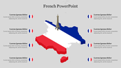 3D map of France in flag colors with Eiffel Tower icon, surrounded by six placeholders for text with French flag icons.