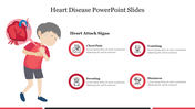 Heart disease slide outlining key heart attack symptoms, using icons and an image of a person with heart pain for emphasis.