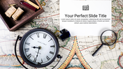 Illustration of vintage clock, map, and magnifying glass on a historical themed template.