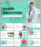 Health awareness template featuring a doctor holding a clipboard, with various slides focused on wellness topics.