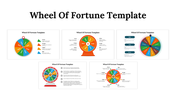 Set of slides featuring wheel of fortune designs, with distinct color segments, monetary amounts, and descriptive labels.