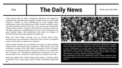 Newspaper themed slide featuring columns of text and a photo of a crowded gathering.