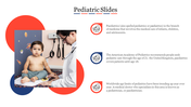 Paediatric care slide featuring a doctor examining a young child, accompanied by text explaining the field of child health.