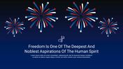 Patriotic themed slide with red, white, and blue fireworks on a dark background and a quote about freedom.