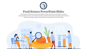 A slide showing researchers analyzing food with lab tools and plants, with a central food science logo at the top.