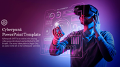 Man in VR headset interacting with a glowing futuristic interface in purple and blue tones, with text on the left.