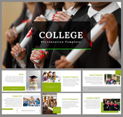 College-themed slides showcasing a graduation image, academic programs, campus life, and career development sections.