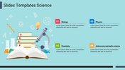 Science slide with an open book, beakers, and a microscope on the left, and four subject boxes on the right side.