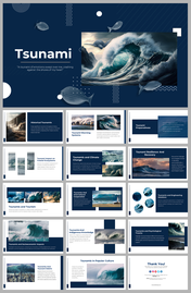 Tsunami themed slides showcasing large ocean waves and detailed slides on topics like historical tsunamis and recovery.