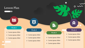 Weekly lesson plan slide with placeholders for details across four weeks, using bright icons and a modern layout.