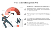 Risk management slide with a gauge showing three risk levels and an illustration of a person adjusting the meter with icons.