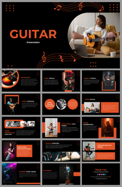 Black and orange slide deck with music notes, featuring images of guitars and various sections on types and techniques.