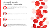 Sickle cell anemia slide explaining the condition with red blood cells and icons representing blood vessels.