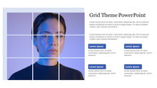 Slide layout with a grid split portrait on the left and text sections with blue buttons aligned on the right.