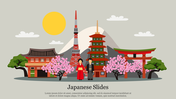 Illustration of colorful traditional Japanese landmarks including pagodas, and cherry blossom trees with a couple in front.