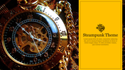 Close-up of a steampunk-themed gold pocket watch with visible gears, next to a yellow section with placeholder text.