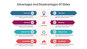 Slide comparing advantages and disadvantages with four points with colorful icons and placeholder text.