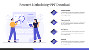 Slide featuring research methodology with four methods accompanied by illustrations of people analyzing data with text area.