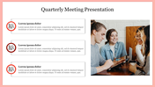 Quarterly meeting slide showing three discussion points on the left and a group of four individuals engaged in conversation.