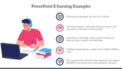 E-learning template showing a student at a desk and icons with captions areas describing E-learning growth.