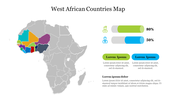 Map highlighting West African countries in various colors, with data bars showing percentages and text boxes on the right.