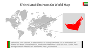 World map highlighting the United Arab Emirates in red with a zoomed-in view, brief description and the flag.