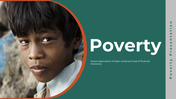 Slide deck highlighting child poverty in hexagonal layouts, with green and orange accents.