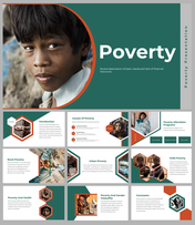 Slide deck highlighting child poverty in hexagonal layouts, with green and orange accents.