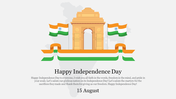 Iconic Indian monument with national flags and tricolor ribbons, with a Independence day message and dated 15 August.