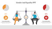 Slide with a balance scale with male and female figures and two pie charts in  orange an red with text placeholders.