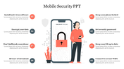 Illustration of a person standing next to a large phone with a lock icon, And eight security tips listed on both sides.