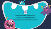 Three colorful cartoon monsters peeking from the sides of a teal mouth background, and a text block in the middle.