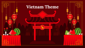 Vietnam-themed slides featuring a temple and lanterns, with sections on history, animals, and people on a red backdrop.