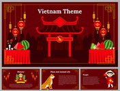 Vietnam-themed slides featuring a temple and lanterns, with sections on history, animals, and people on a red backdrop.