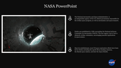 A dark space scene with an astronaut and spacecraft on the left, with three text and icons on the right.