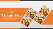 Thank you slide with an orange background, floral images on the right, and placeholder text below the main title.