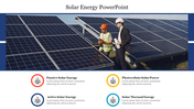 Two men standing by solar panels in the field, reviewing plans, with four energy types displayed with placeholder text below.