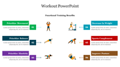 Slide illustrating functional training benefits with icons and colorful numbered text captions.