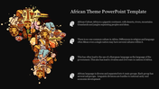 Map of Africa filled with cultural icons and artifacts, alongside text about African culture on a black background.