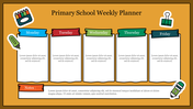 Weekly planner for primary school, with columns for Monday to Friday and a notes section, featuring playful stationery icons.